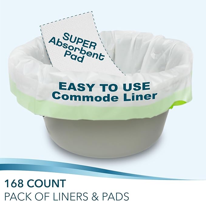 Disposable Bedside Commode Liners and Pads for Portable Toilet Chair Seat Bucket and Bedpan | Combo Pack of 168 Waste Bags and 168 Absorbent Pads | Universal Fit