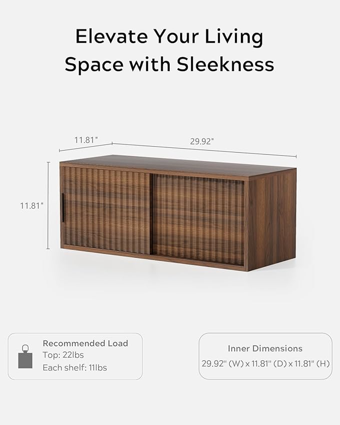 Large Floating TV Stands Set of 2, Modern Fluted Nightstands Wall Mounted Bedside Table Storage Cabinet with Sliding Doors for Living Room, Bedroom, Brown
