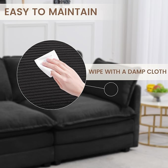 ROWHY Sectional 2 Seat Cloud Loveseat with 2 Throw Pillows, Modern Corduroy Love Seat Sleeper Bed, Convertible Cozy Sofa for Living Room and Office, Black
