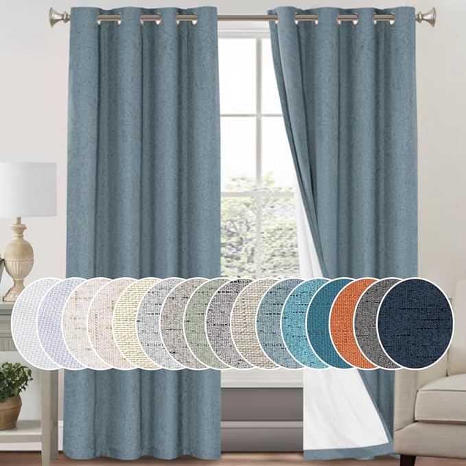 PrinceDeco Linen Blackout Curtains 84 Inches Long 100% Blackout Curtains for Bedroom/Living Room Textured Linen Look Curtain Energy Saving with White Liner,Stone Blue, 52x84 Inch (2 Panels)