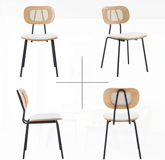 HEAH-YO Dining Chairs Set of 4, Upholstered Faux Leather Rattan Dining Chairs with Backrest and Metal Legs, Armless Kitchen Rattan Chairs for Dining Room, White