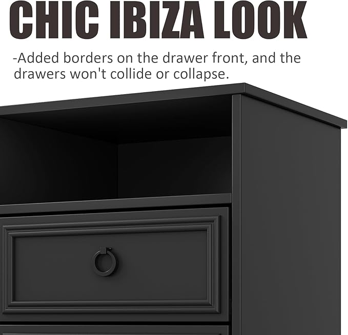Set of 2 Large Night Stand with Drawers, 17.7" W Nightstand with 2 Drawers, Accent Bed Side Table and End Table with Large Open Storage for Bedroom, Living Room,Black