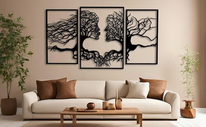 VAILLA Tree of Life Wall Wooden Art Abstract Tree Man Woman Face Large 3D Wooden Wall Decor Set of 3 Hanging Sculpture Modern Home Decoration 3D Textured Sculptures for Living Room Bedroom Office Dinnig Room