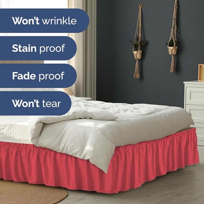 Wrap Around Dust Ruffle Bed Skirt - Red - Twin/Twin XL Size Beds with 12 Inch Drop - Easy Fit Elastic Strap - Adjustable Pleated Bedskirt w/Brushed Fabric - Wrinkle Free - Women, Men, Kids & Teens