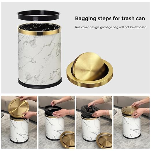 4 Gallon Bathroom Trash Can with Swing Lid, White Gold Garbage Can, White Marble Leather Waste Basket, for Bedroom Kitchen Powder Room (Marble)