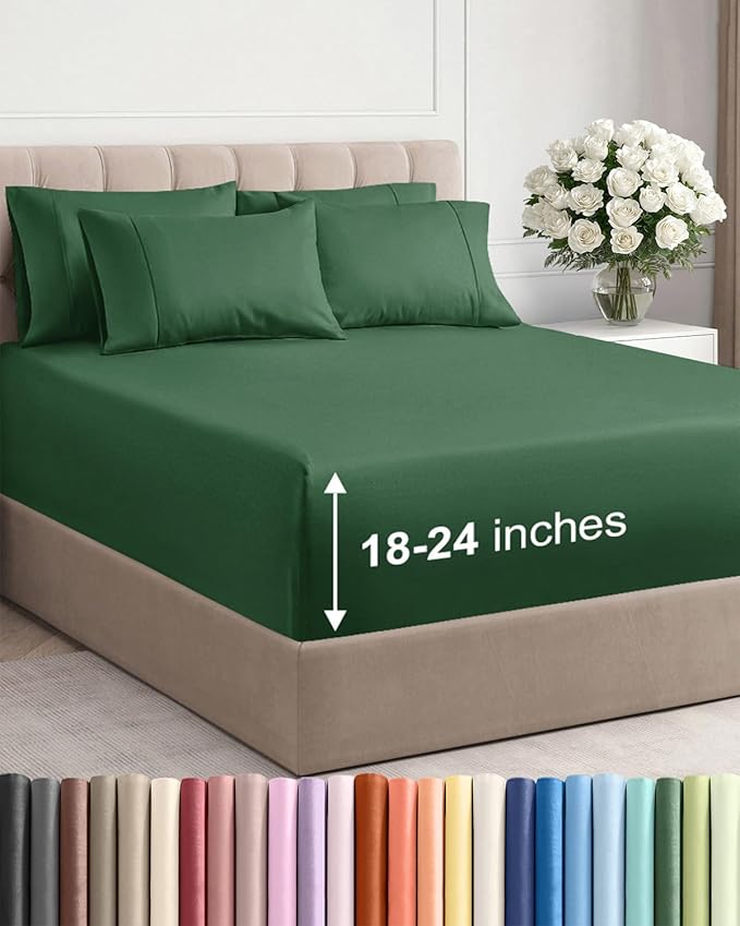 Extra Deep Full Sheet Set - 6 Piece Breathable and Cooling Sheets - Hotel Luxury Bed Sheets Set - Easy Fit - Soft, Wrinkle Free and Comfy Sheets Set - Emerald Green Sheet Set with Extra Deep Pockets