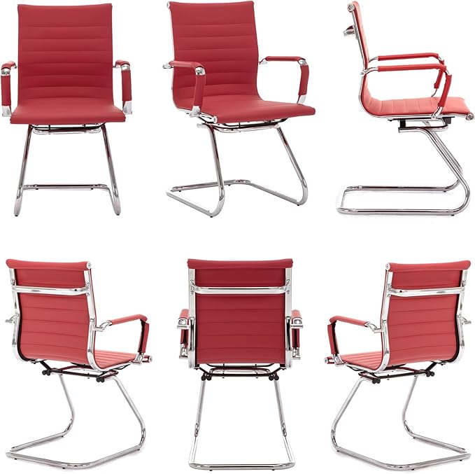 Wahson Office Guest Chairs Set of 8, Leather Reception Chairs, Mid Back Waiting Room Chair, Conference Chairs with Sled Base, Desk Chair No Wheels for Meeting/Lobby/Restroom, Dark Red