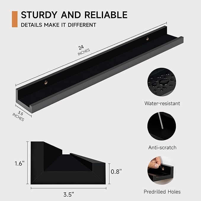 Fun Memories Picture Ledge Shelf for Wall, Floating Shelves Set of 4, 24 Inch Long Nursery Book Shelves for Toys Storage, Kids Bookshelf Wall Mounted for Books Photo Frames, Black