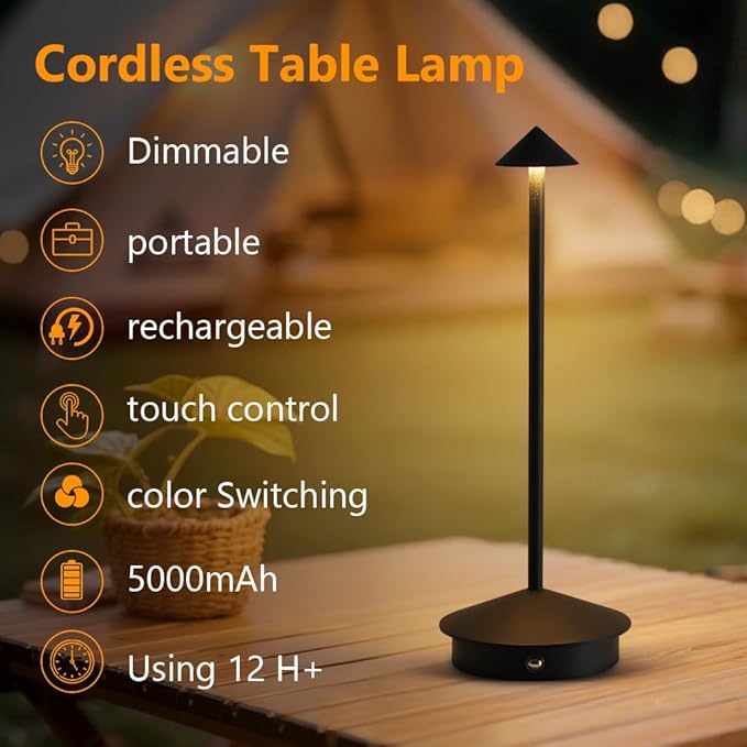 Cordless Table Lamp, 5000mAh Rechargeable Battery Powered LED Desk Lamp, Portable Touch Control Outdoor Table Lamps,3 Color Dimmable Light for Restaurant, Patio, Bedroom, Night Lamp (Black)