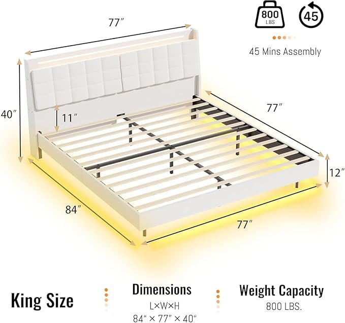 Floating King Size Bed Frame with RGB LED Lights & Charging Station, Upholstered Platform Bed with Hidden Storage Headboard & Shelves, Noise Free Heavy Duty Frame for Bedroom, Beige