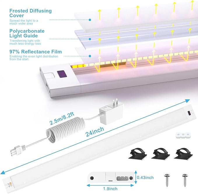 WOBANE Under Cabinet Lighting, 24 inch Plug in LED Counter Light Bar, Hand Wave Activated, Touchless Dimmable for Kitchen Cabinet, Shelf, Under Desk, Color Tunable 2700K to 6500K,White Panel,1400LM