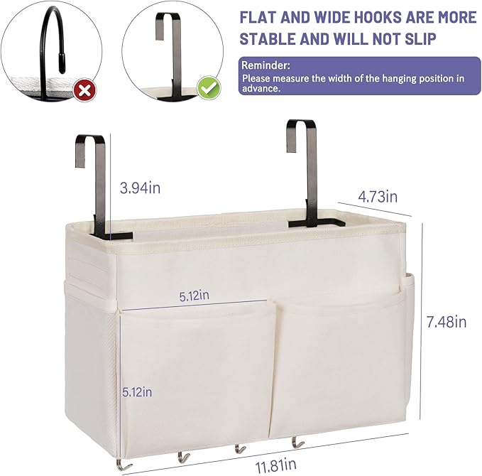 Bedside Storage Organizer 5 Pockets with 4 Hooks Hanging Storage Bag for Headboards/Bunk Bed (2Pack White)