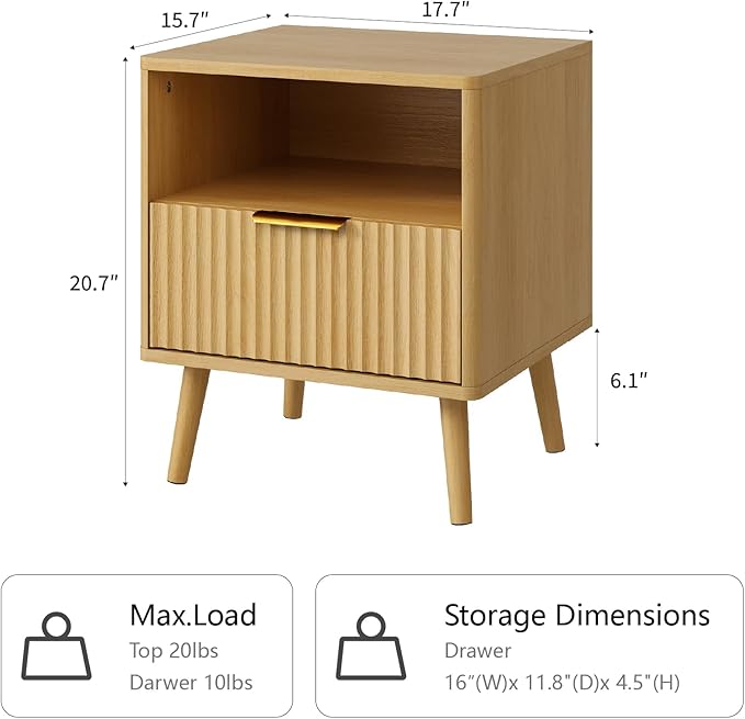 CARPETNAL Fluted Nightstand, Oak Bedside Table with Drawer and Storage Shelf, Wood End Table Mid Century Night Stands for Bedroom Living Room