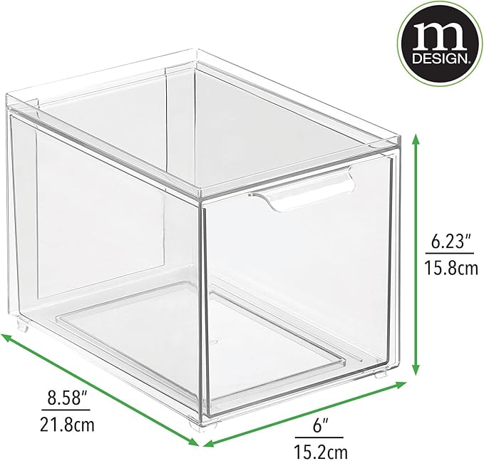 mDesign Shoe Storage Box with Drawer – Sturdy Plastic Storage Box for Shoes – Stackable Drawer Box for Shoes, Accessories and More – Pack of 4 – Clear