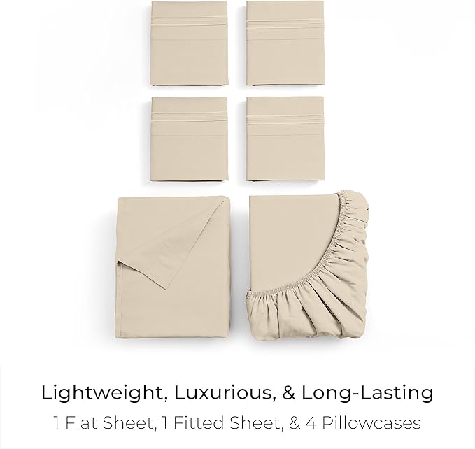 Mellanni Full Sheet Set - 6-Piece Iconic Collection Bedding, (Including 4 Pillowcases), 16-Inch Deep Pocket, Easy Care, Extra Soft, Cooling Sheets, Brushed Microfiber - Beige