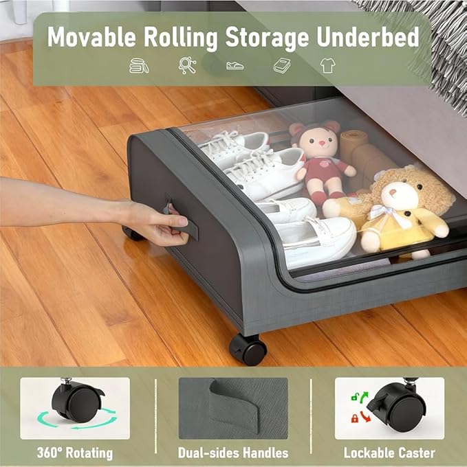 Under Bed Storage with Wheels, 6.7'' Tall Underbed Storage Containers with Lids - Rolling Bins for Shoes Clothes Blankets (Grey, 2-Pack XXL)
