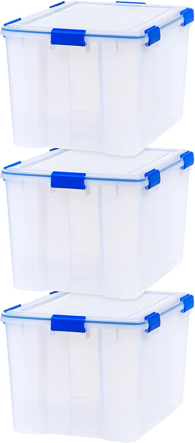 IRIS USA WeatherPro 74 Qt Storage Bins with Lids, 3 Pack, BPA-Free Plastic Gasket Box with Tight Latch and Seal, Stackable Nestable Tote Tub - Clear/Blue