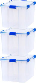 IRIS USA WeatherPro 74 Qt Storage Bins with Lids, 3 Pack, BPA-Free Plastic Gasket Box with Tight Latch and Seal, Stackable Nestable Tote Tub - Clear/Blue