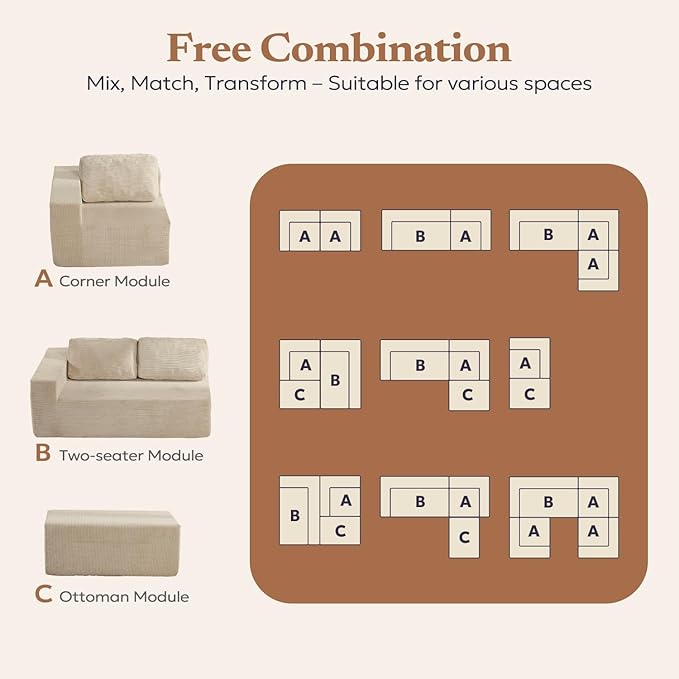 Loveseat Sofa, Cloud Modular Sofa Couch, Upholstered Floor Sofa with Deep Seat, Upholstered Foam Couch for Bedroom Living Room, No Assembly Required (Corduroy Fabric, Beige)
