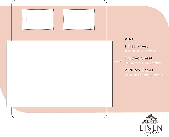 Linen Home 100% Cotton Percale Sheets King Size, Brushed Rose, Deep Pocket, 4 Pieces Set - 1 Flat, 1 Deep Pocket Fitted Sheet and 2 Pillowcases, Crisp Cool and Strong Bed Linen