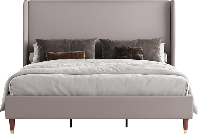 Jocisland King Upholstered Platform Bed Frame with 51.2" Tall Wingback Headboard–Solid Wood Legs, No Box Spring Needed, Light Grey Linen–Modern Style for Any Bedroom