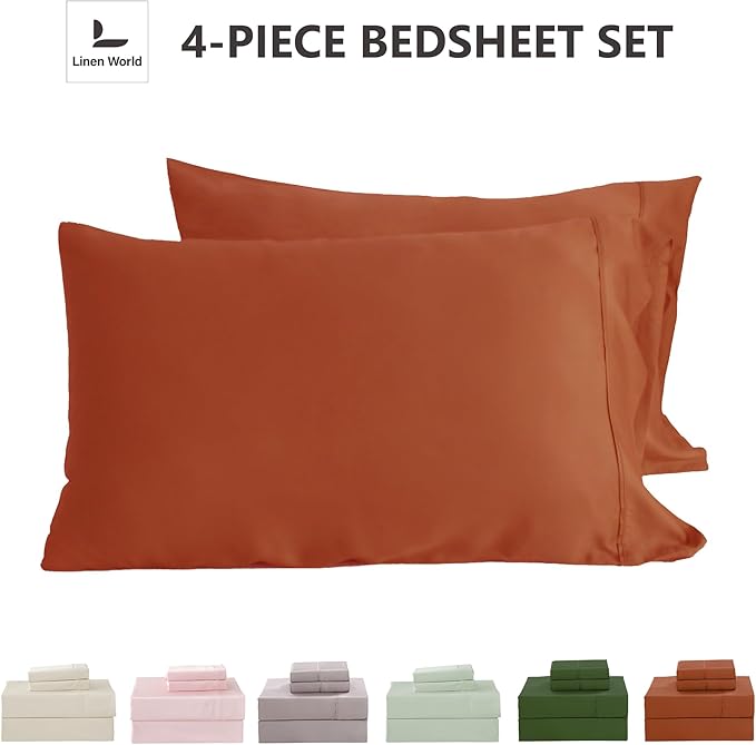 Linen World Queen Size 400TC Cooling Bed Sheet Set - 100% Organically Grown Viscose Sheets, Silky Soft & Breathable, Deep Pocket Fits Up to 16", 4-Piece Sheets with Pillowcases,Caremel