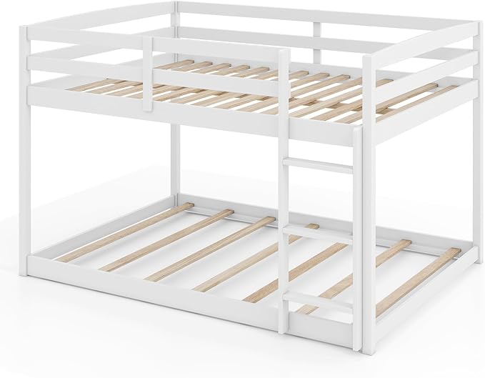 KOMFOTT Low Bunk Bed Full Over Full, Solid Wood Full Bed Frame with Built-in Ladder & Safety Guardrails, Teens, No Box Spring Needed, Space-Saving Low Bunk Bed for Kids