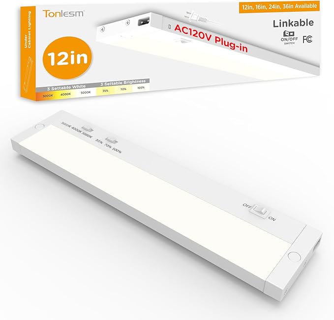 12 Inch Under Cabinet Lighting Plug in, 7W 120V 3 Color 3000K/4000K/5000K, 3 Brightness, Super Bright, Ultra Thin Under Counter Lights for Kitchen, Linkable LED Cabinet Light,White
