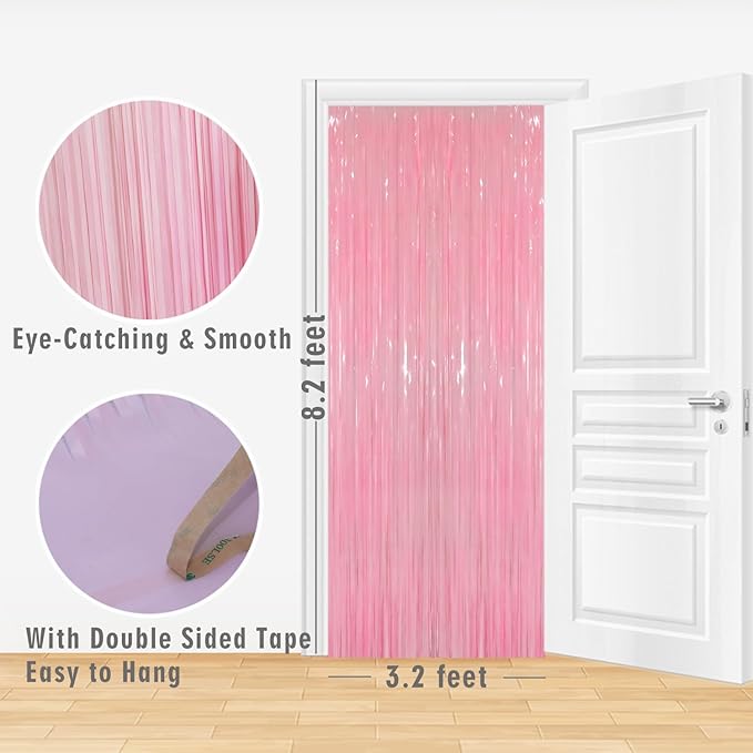 GOER 3.2 ft x 8.2 ft Foil Fringe Curtains Party Photo Backdrop Party Streamers for Birthday,Graduation,New Year Eve Decorations Wedding Decor(4 Packs,Candy Pink)