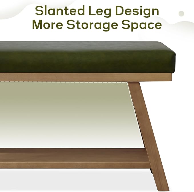 45" Entryway Bench Upholstered Storage Bench for Bedroom Shoe Rack Bench for Living Room, Hallway, Mudroom, Balcony, Sturdy Indoor Bench Seat Holds Up to 300 lbs (PU-Green)