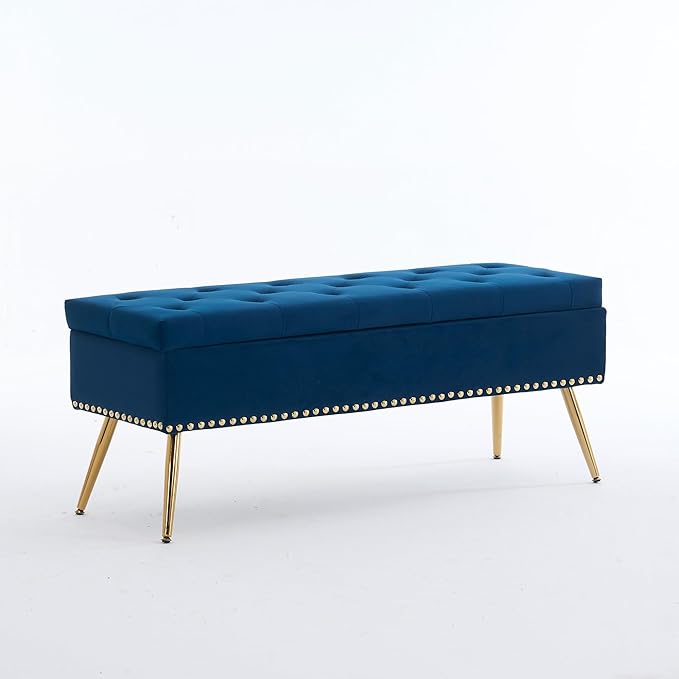 Velvet Storage Bench with Gold Legs& Nailhead Trim, 46" Wide Upholstered Modern Bedroom Bench for End of Bed, Tufted Ottoman for Entryway Living Room Dining Room (Navy Blue, 46" Wide)