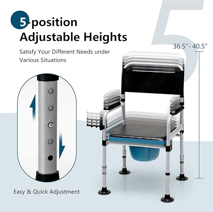 Goplus 4-in-1 Folding Bedside Commode, 440lbs Commode Chair for Toilet with Arms, Padded Seat, Height Adjustable Bedside Toilet, Shower Chair, Adult Potty Chair for Seniors Elderly Disabled Bariatric