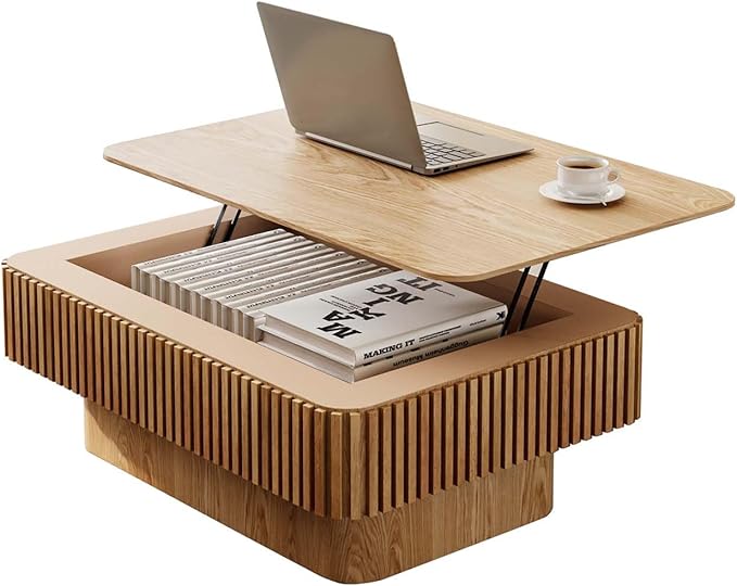 Lift Coffee Table with Storage & Adjustable Height, Solid Wood Coffee Table Fluted Center Table Accent Tea Table or Living Room, Apartment, Office (38.6" Natural)