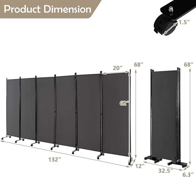 GOFLAME 6 Panel Folding Room Divider, 6FT Rolling Privacy Screen with Lockable Wheels, Portable Room Partition Screen, Freestanding Wall Divider and Separator for Home Office, Grey