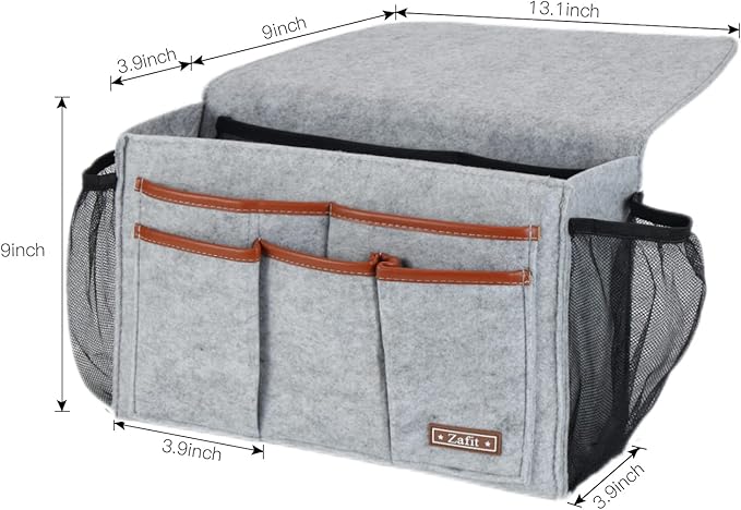Bedside Caddy, Large Size Bedside Storage Organizer Bedside Organizer Caddy for Magazine Remotes Phone (13.4'' x 18.1'' Plus Size, Light Grey)