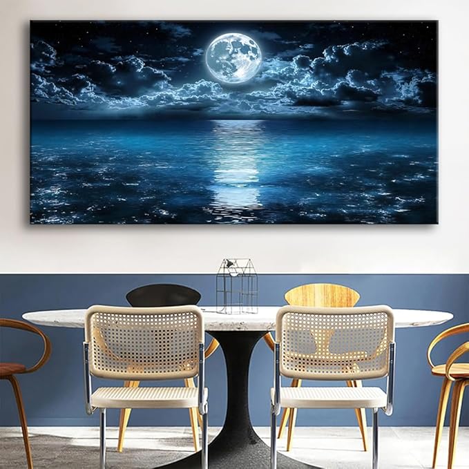 Huaaliunn Big Moon Canvas Wall Art - Modern Seascape Paintings for Living Room, Bedroom Wall Decor, Art for Home or Office Decoration, Large Wall Art 71"x36"