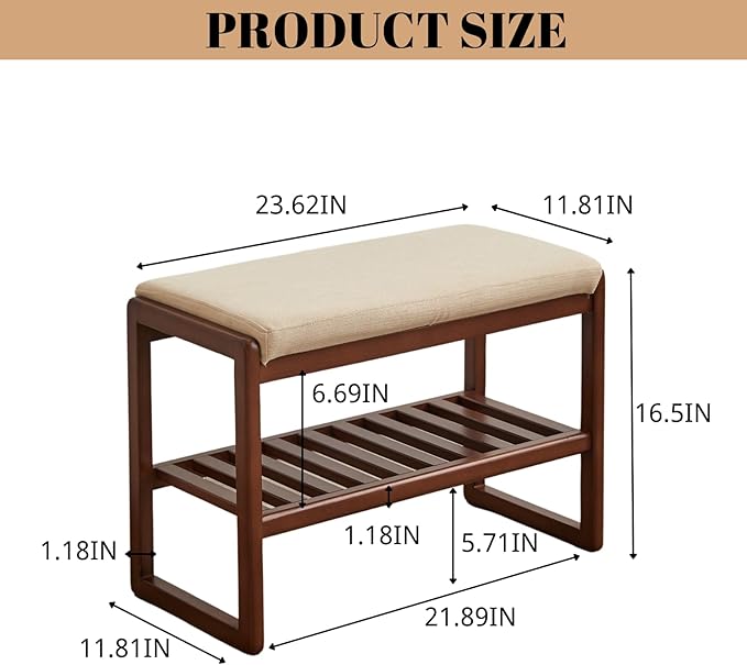Wood Shoe Bench,2-Tier Storage Bench with Cushion Padded Seat,Entryway Bench with Shoe Storage, Small Bench for Entryway,Living Room