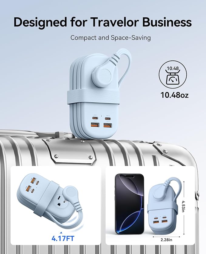 ORICO 65W GaN Travel Power Strip with 7-in-1 Charging Ports (3 AC Outlets/2 USB-A/2 USB-C), Flat Plug and 4FT Extension Cord, Fast Charger for MacBook Pro/Air, iPad Pro, iPhone 17/16/15- AP3