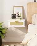 Floating Nightstand, Floating Shelf with Drawer, Wall Mounted Nightstand, Floating Bedside Table (White Rattan)