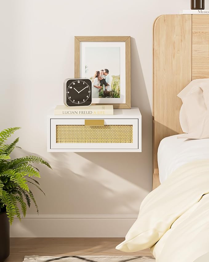 Floating Nightstand, Floating Shelf with Drawer, Wall Mounted Nightstand, Floating Bedside Table (White Rattan)