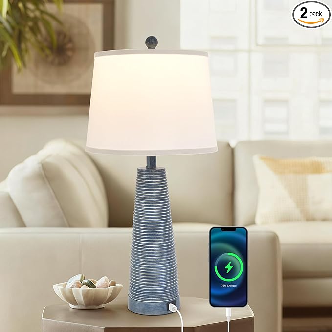 Terpsichore Nightstand Lamp Bedside Lamps Vintage Rustic Farmhouse Table Lamp 3 Way Dimmable Horizontal Stripe Light,for Living Room Bedroom,USB A+C (Navy Blue (Single-Pack), High 27 Inch)