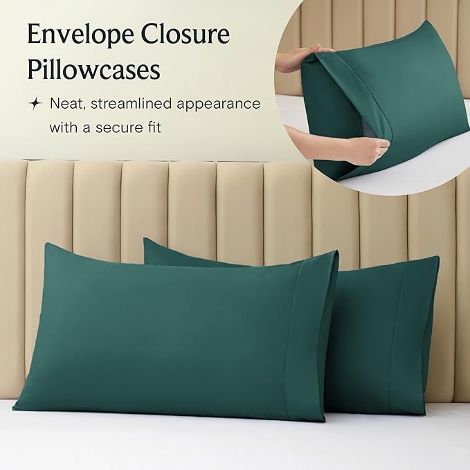 LuxClub 4 PC Full Sheet Set, Deep Pockets Wrinkle Free Cooling Bed Sheets Hotel Bedding for Women, Men, Kids & Teens, Includes 1 Fitted Sheet, 1 Flat Sheet and 2 Pillowcases-Soft Emerald