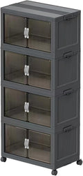Stackable Storage Bins with Lid & Drawers, Large Foldable Collapsible Storage Containers Bin with Doors & Wheels, Folding Plastic Storage Boxes for Home, Pantry, Office (S, Gray 4-Tier)