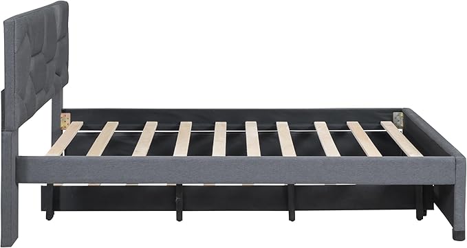 Full Size Bed Frame with Twin Size Trundle,Linen Upholstered Platform Bed Frame Full with Brick Pattern Headboard,Wood Slat Support Included,No Box Spring Needed,Easy Assembly,Gray