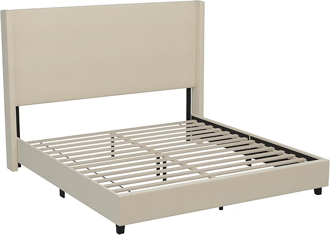EMMA + OLIVER Nora King Size Faux Linen Upholstered Platform Bed with Plush Padded Wingback Headboard (No Box Spring Needed), Modern Upholstered Headboard King Bed Frame, Beige