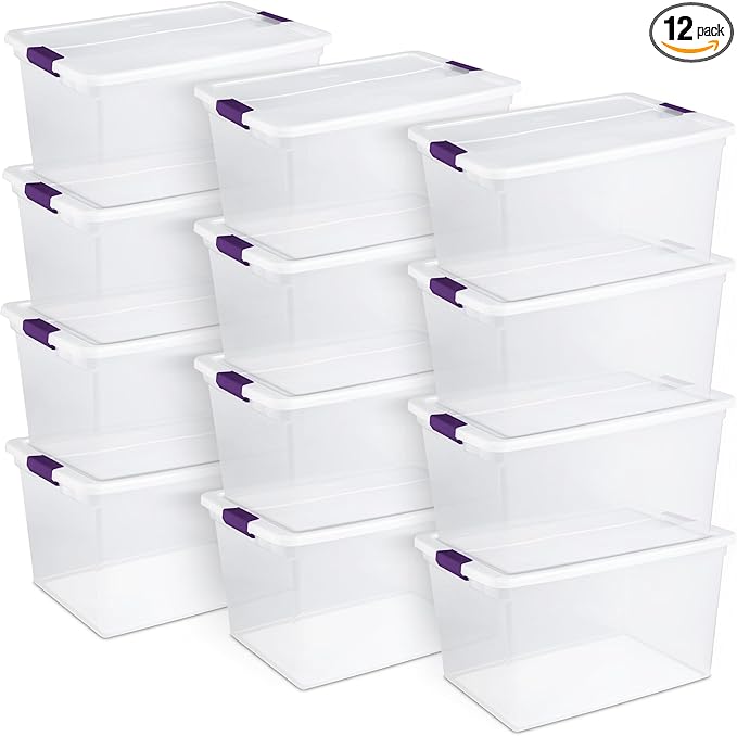 Sterilite 12-Pack ClearView Latch Box, Stackable Storage Organizer Bins for Home, 66 Quart