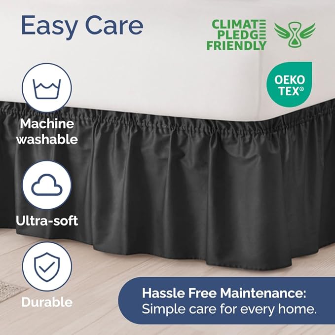 Wrap Around Dust Ruffle Bed Skirt - Black - for Full Size Beds with 12 Inch Drop - Easy Fit Elastic Strap - Adjustable Pleated Bedskirt w/Brushed Fabric - Wrinkle Free - for Women, Men, Kids & Teens