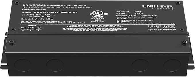 EMITEVER 120W Dimmable LED Driver, 24V Triac Dimmable Power Supply, AC to DC Transformer for LED Light, Compatible with Lutron and Leviton Dimmer, Waterproof IP67 and UL Listed