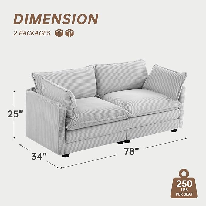 ROWHY 78'' Sectional 2 Seat Cloud Loveseat with 2 Throw Pillows, Modern Corduroy Love Seat, Cozy Sofa for Living Room, Office and Bedroom, Light Grey