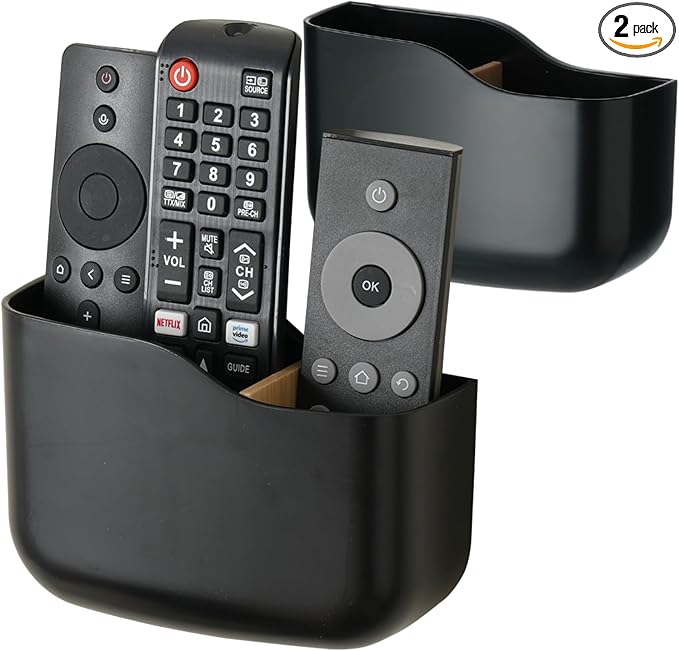 LINFIDITE 2 Pack Adhesive TV Remote Control Holder Wall Mount TV Remote Holder Wall Remote Control Caddy Storage Organizer Universal Controller Stand Box (For 2 Or 3 Remote Controls–Black